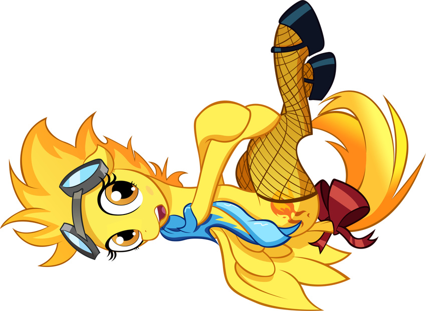 alexpony alpha_channel blonde_hair blush bow clothing cutie_mark equine eyewear female fire fishnet friendship_is_magic goggles hair horse laying_on_back lying my_little_pony on_back open_mouth pony shoes skimpy spitfire spitfire_(mlp) stockings teeth tongue tooth wings wonderbolts_(mlp) yellow_eyes