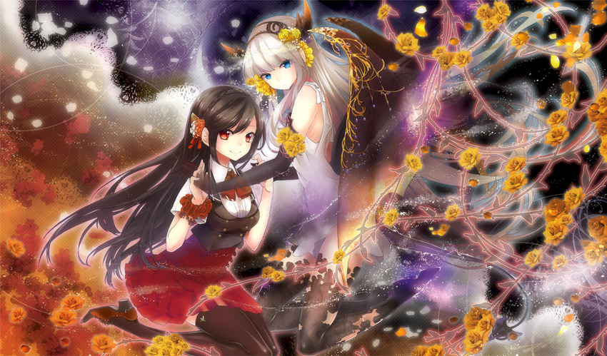 black_hair blue_eyes blush dress elbow_gloves flower gloves hair_flower hair_ornament hands_together long_hair looking_at_viewer multiple_girls original plastick red_eyes silver_hair smile thighhighs torn_clothes transparent