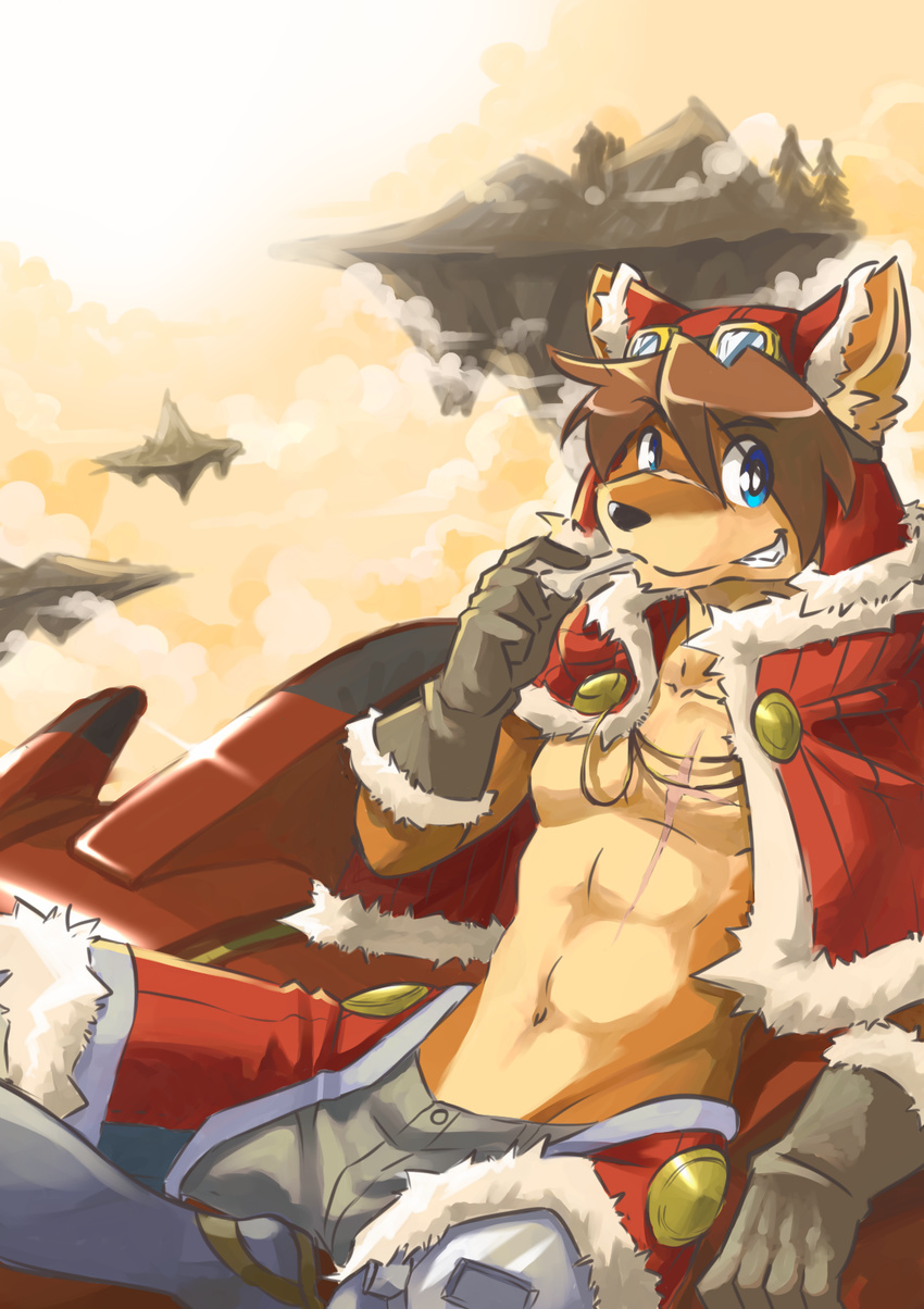 biceps black_nose blue_eyes bone brown_fur brown_hair canine chirenbo clenched_teeth clothed clothing cloud clouds eyewear fur gloves goggles grin hair half-dressed looking_at_viewer male mammal muscles open_shirt pecs red_savarin scar shirt sky solatorobo solo teeth topless wolf