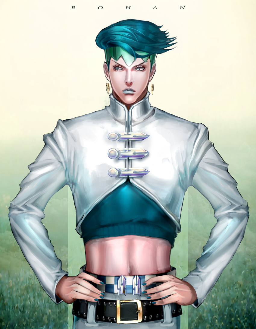 absurdres bad_id bad_pixiv_id black_hair blue_lipstick diamond_wa_kudakenai earrings green_eyes green_hair headband highres jewelry jojo_no_kimyou_na_bouken kishibe_rohan lipstick lloule makeup male_focus midriff realistic solo