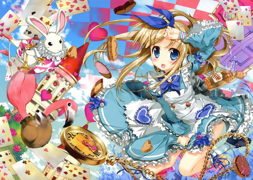 1girl absurdres alice_in_wonderland animal blonde_hair blue_eyes blush bunny card cookie cookies dress female food fujima_takuya highres long_hair open_mouth rabbit solo white_rabbit