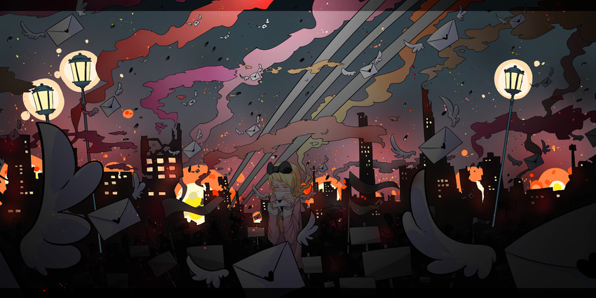 black_bow bow building cityscape closed_eyes crowd crying embers explosion flag hair_bow hair_ornament hairclip highres holding_letter kagamine_rin lamppost letter light_particles maam._(summemixi) pink_sweater sailor_collar school_uniform shuumatsu_ga_yattekuru!_(vocaloid) sign silhouette solo_focus sweater vocaloid wings wreckage