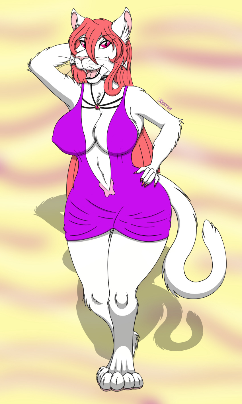 anthro artemis_tsukino big_breasts breasts clothing colored_nails domestic_cat dress felid feline felis female fur hair long_hair long_tail mammal mature_female nipple_bulge open_mouth paws pink_eyes pink_hair pink_nose solo whiskers white_fur wide_hips xheten