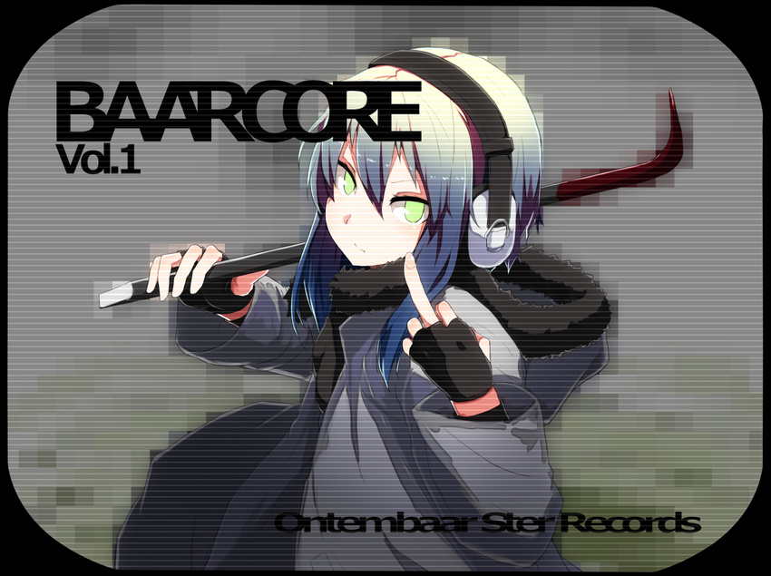 album_cover blue_hair coat cover crowbar download_link fingerless_gloves gloves green_eyes headphones hood hood_down looking_at_viewer middle_finger original over_shoulder scanlines scarf sidelocks weapon weapon_over_shoulder wk_(low-f)