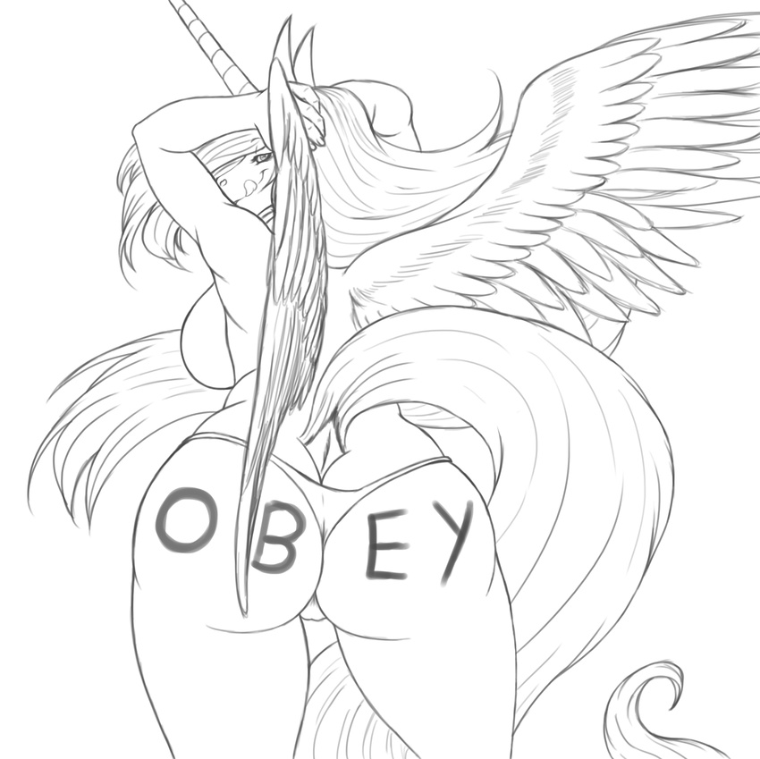 big_breasts big_butt breasts butt equine female friendship_is_magic hair horn long_hair looking_at_viewer monochrome my_little_pony omnoproxyl337 princess_celestia_(mlp) seductive side_boob tongue tongue_out winged_unicorn wings