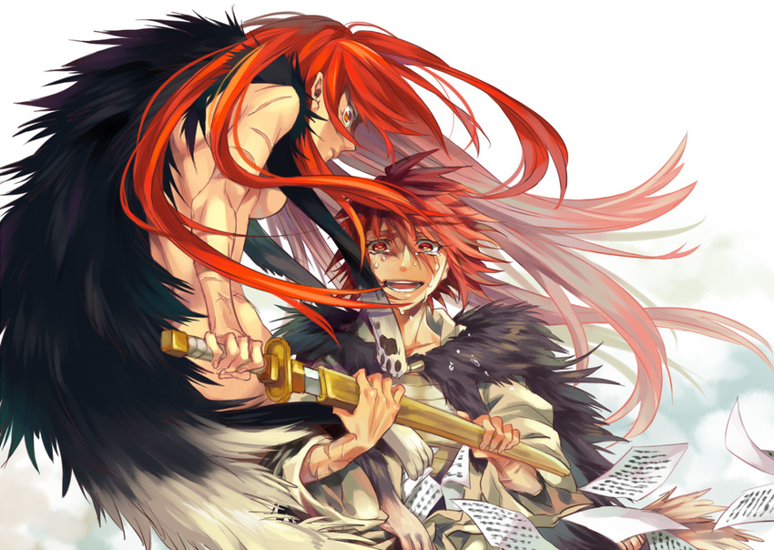 1girl fur long_hair miho_(mi) red_eyes red_hair scar shut_hell shut_hell_(character) sudou sword weapon
