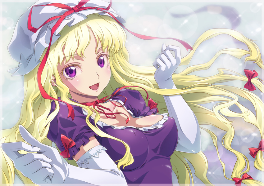 ah-negitorow blonde_hair blush bow breasts dress elbow_gloves gloves hat hat_ribbon long_hair looking_at_viewer medium_breasts purple_eyes ribbon smile solo touhou white_gloves yakumo_yukari