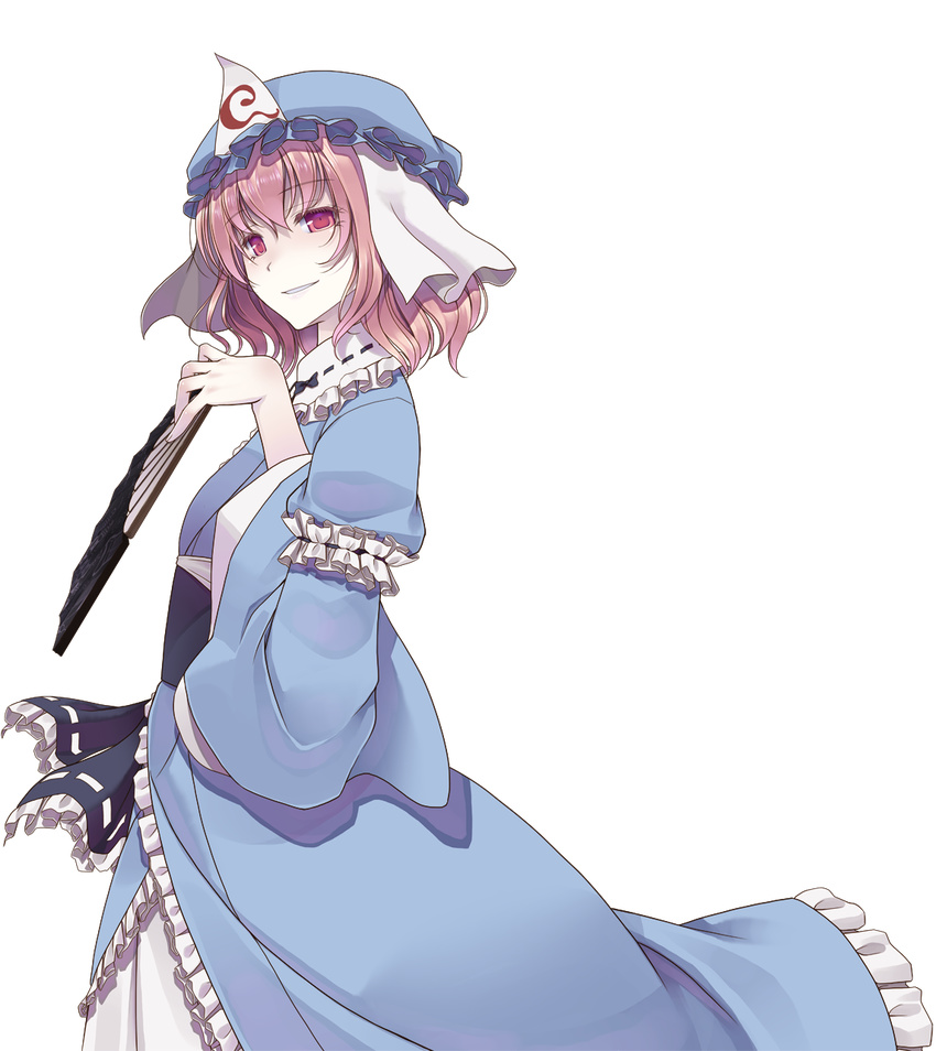 armband crote fan frills hat highres holding japanese_clothes long_sleeves looking_at_viewer obi pink_eyes pink_hair saigyouji_yuyuko sash short_hair smile solo touhou transparent_background triangular_headpiece