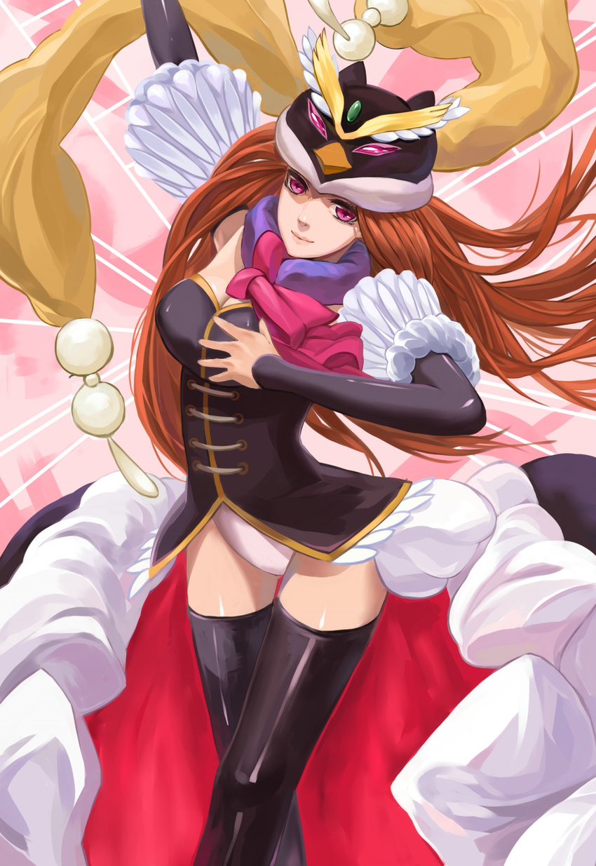 animal_hat bare_shoulders black_legwear boots brown_hair citemer elbow_gloves gloves hat highres long_hair mawaru_penguindrum pink_eyes princess_of_the_crystal solo takakura_himari thigh_boots thighhighs