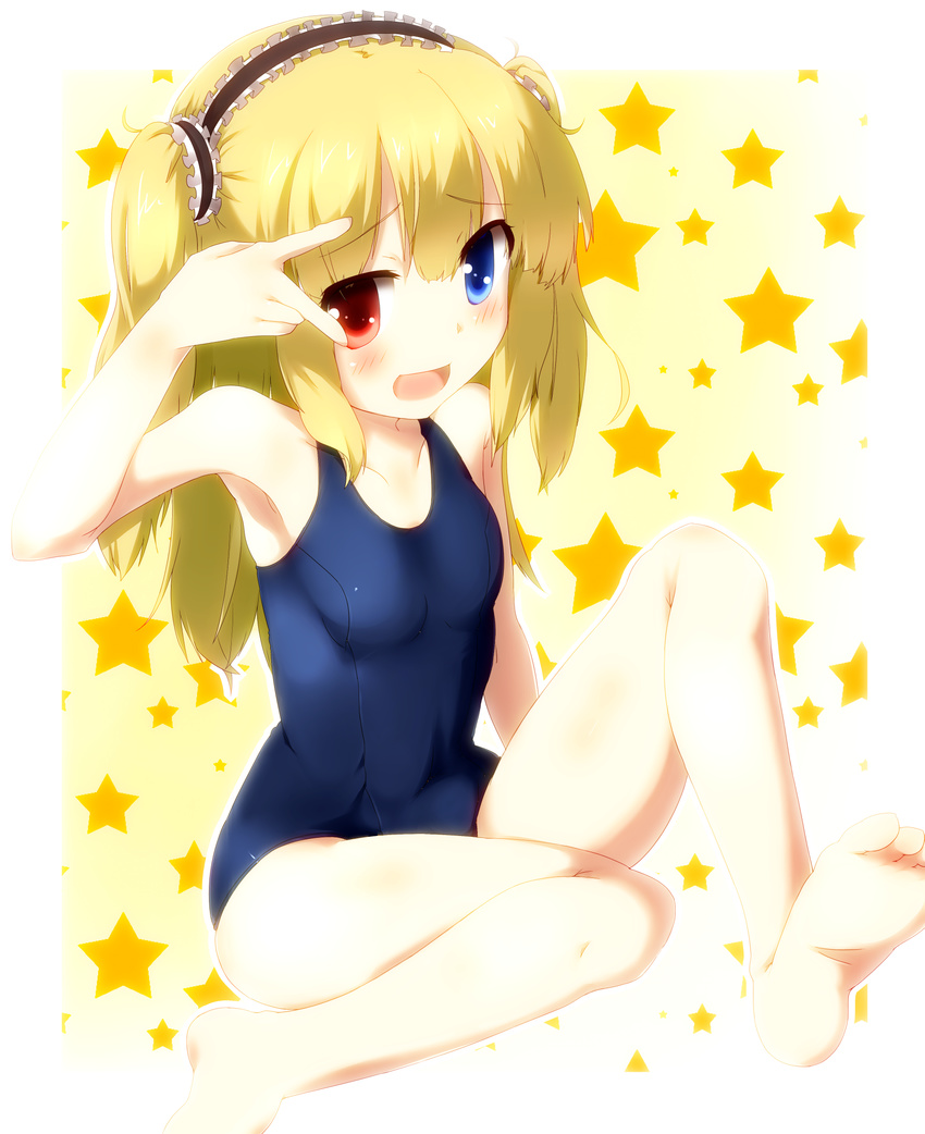 1girl barefoot blonde_hair blush boku_wa_tomodachi_ga_sukunai child feet hairband hasegawa_kobato heterochromia highres loli looking_at_viewer school_swimsuit smile soles solo swimsuit toes twintails