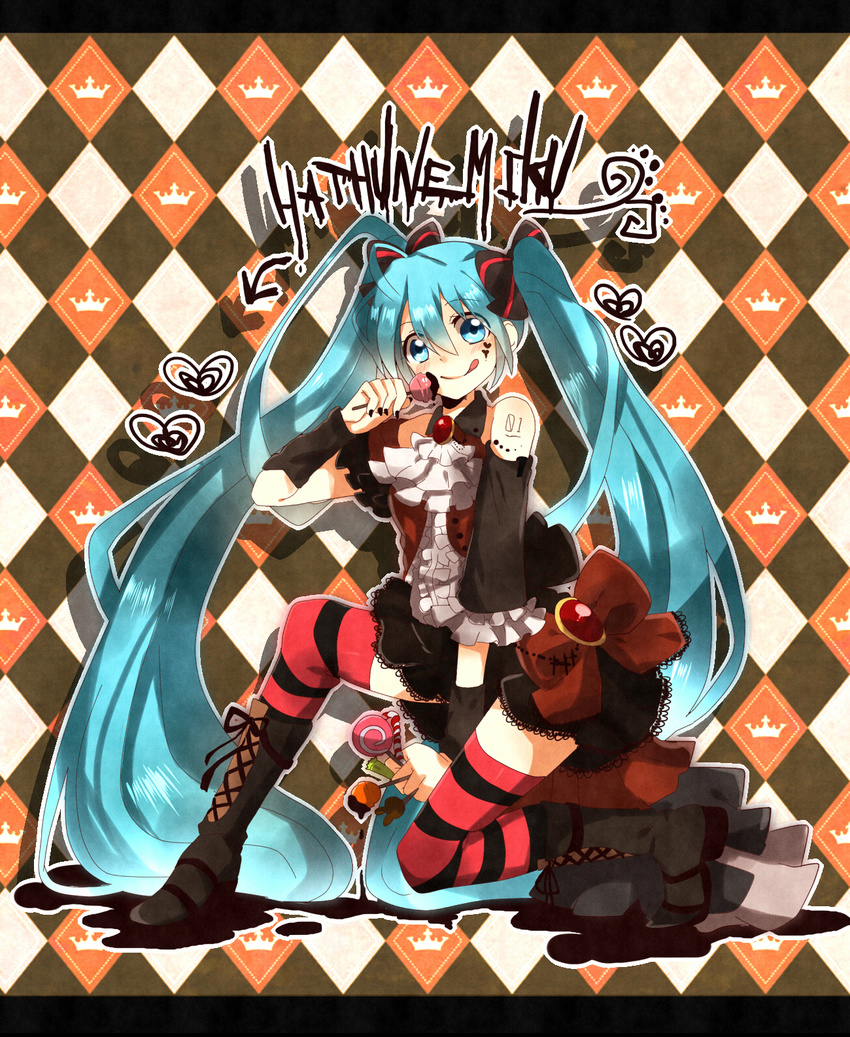 :q aqua_eyes aqua_hair argyle argyle_background bad_id bad_pixiv_id boots candy character_name cross-laced_footwear detached_sleeves food hatsune_miku highres lace-up_boots letterboxed lollipop long_hair skirt smile solo souen_senri striped striped_legwear thighhighs tongue tongue_out twintails very_long_hair vocaloid