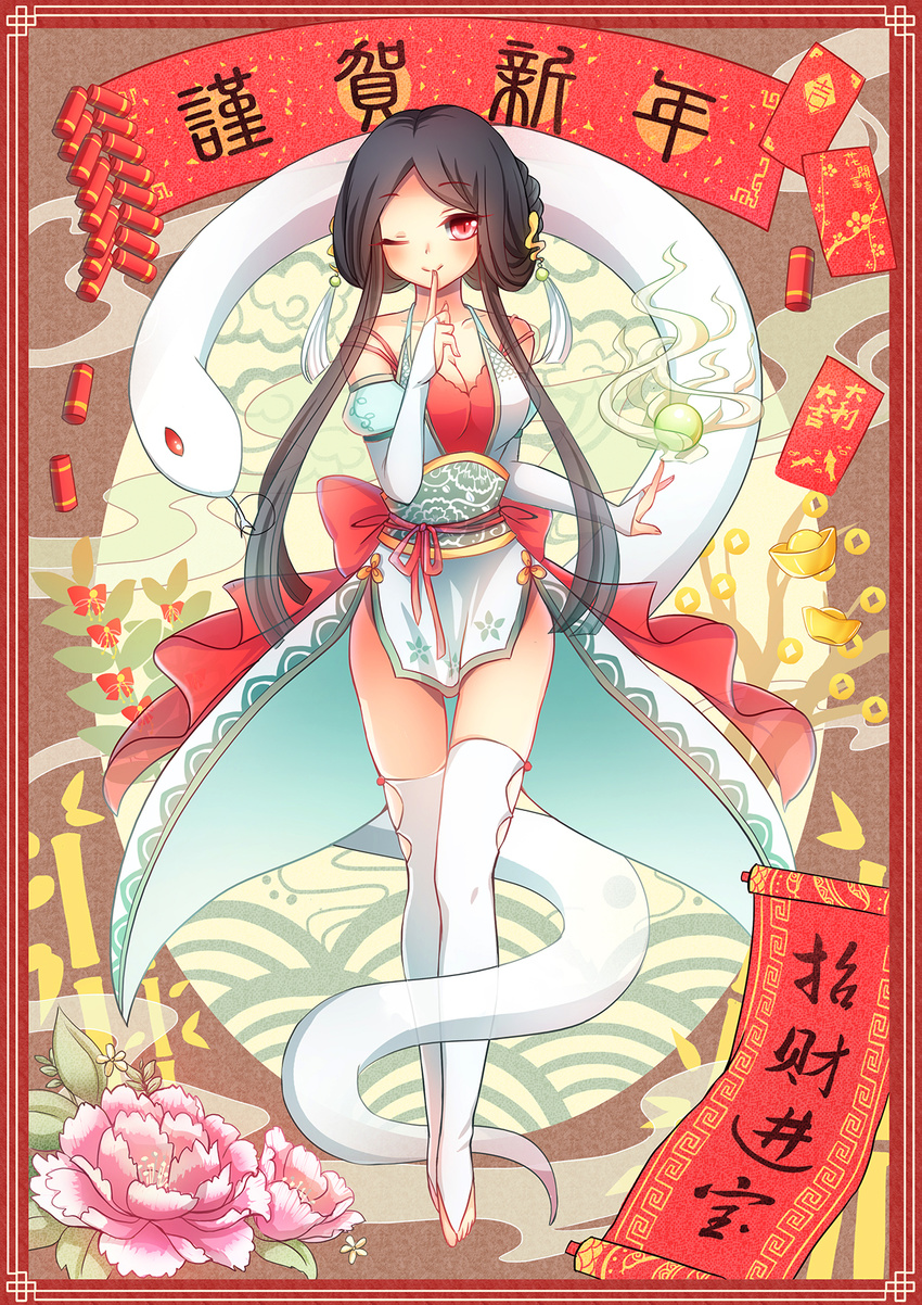 2013 black_hair chinese_new_year emia_wang finger_to_mouth firecrackers hair_ornament highres one_eye_closed orb original red_eyes shushing snake solo thighhighs white_legwear