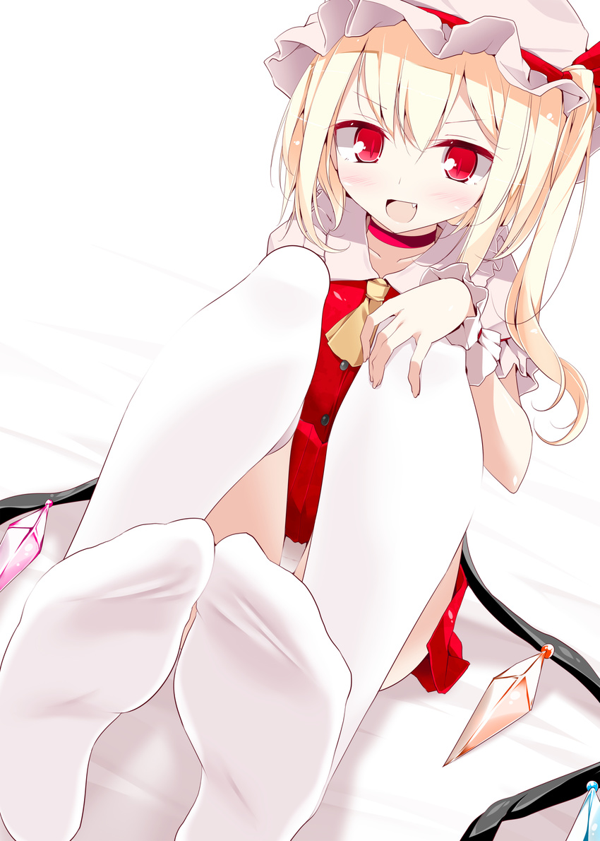 1girl absurdres ascot blonde_hair blush choker fang feet flandre_scarlet foot_focus hat highres looking_at_viewer no_shoes non-web_source oouso open_mouth panties pantyshot red_eyes scan short_hair side_ponytail sitting slit_pupils smile solo thighhighs touhou underwear white_panties white_thighhighs wings