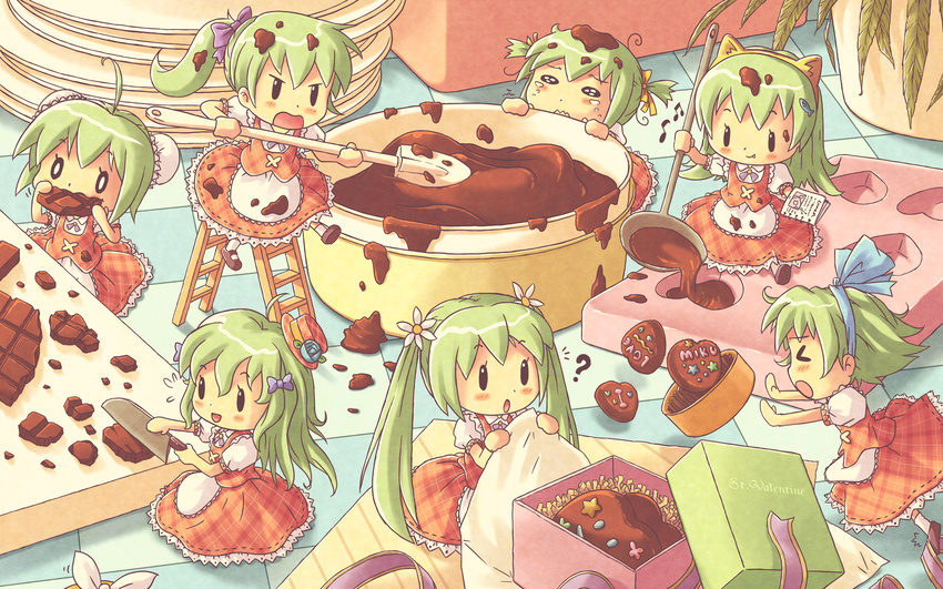 aki_(akisora_hiyori) alternate_hair_length alternate_hairstyle checkered checkered_floor chocolate chocolate_making chocolate_mold clone commentary_request double_bun dress eating falling fang flower green_hair hair_down hair_flower hair_ornament hair_ribbon hat hatsune_miku highres knife ladder ladle minigirl multiple_girls multiple_persona open_mouth out_of_frame ponytail ribbon spatula tripping twintails valentine vocaloid