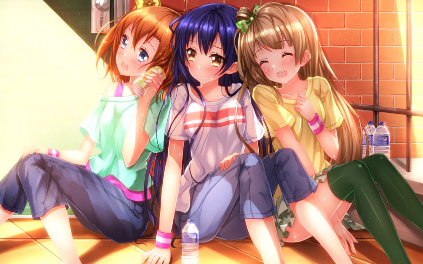 :d ^_^ blue_eyes blue_hair blush bottle brown_eyes brown_hair can capri_pants closed_eyes girl_sandwich green_legwear highres kousaka_honoka long_hair long_legs love_live! love_live!_school_idol_project minami_kotori multiple_girls off_shoulder on_floor open_mouth pants sandwiched shirt short_hair sitting skirt smile sonoda_umi swordsouls t-shirt thighhighs water_bottle wristband