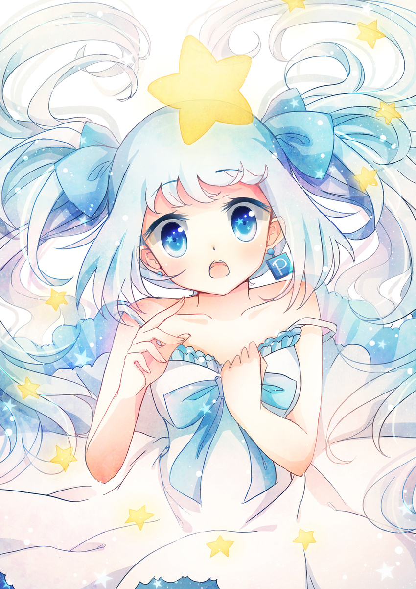 blue_eyes blue_hair dress earrings emia_wang highres jewelry long_hair open_mouth original ribbon solo star twintails