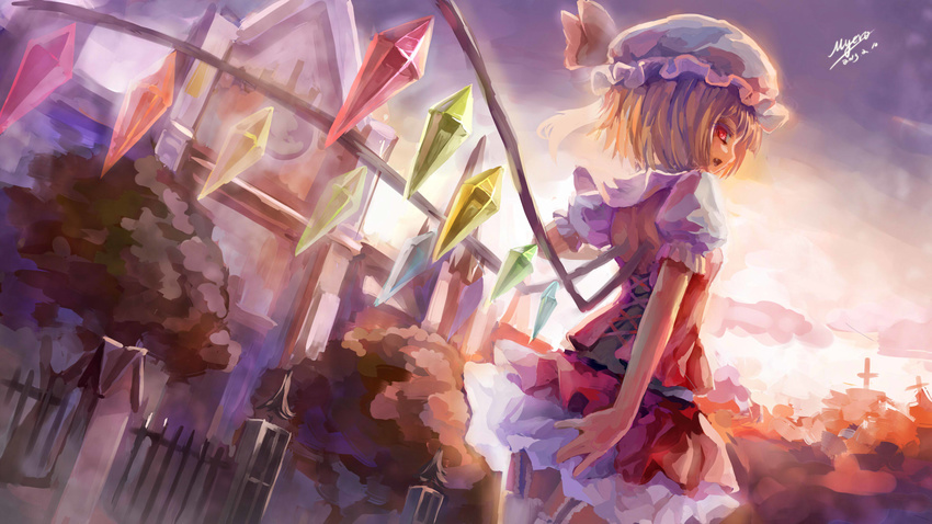 blonde_hair crystal fang flandre_scarlet from_behind garter_straps hat highres myero profile red_eyes short_hair side_ponytail smile solo thighhighs touhou white_legwear wings