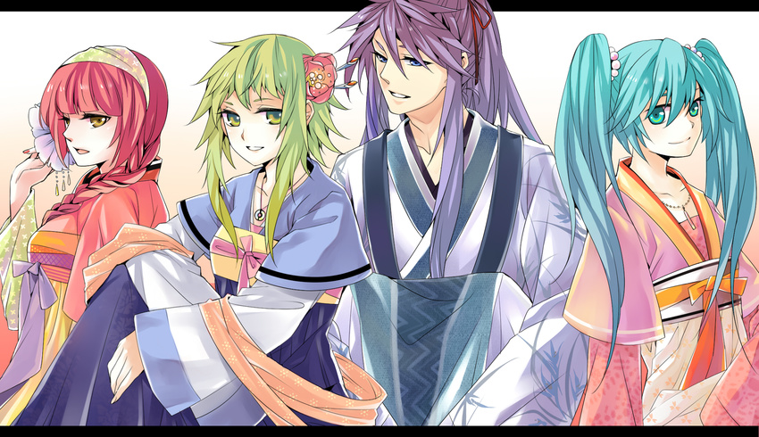 3girls alternate_costume aqua_eyes aqua_hair blue_eyes chinese_clothes flower green_eyes green_hair gumi hair_flower hair_ornament hanfu hatsune_miku highres irisssy jewelry kamui_gakupo letterboxed long_hair multiple_girls necklace nekomura_iroha pendant purple_hair red_hair twintails vocaloid yellow_eyes