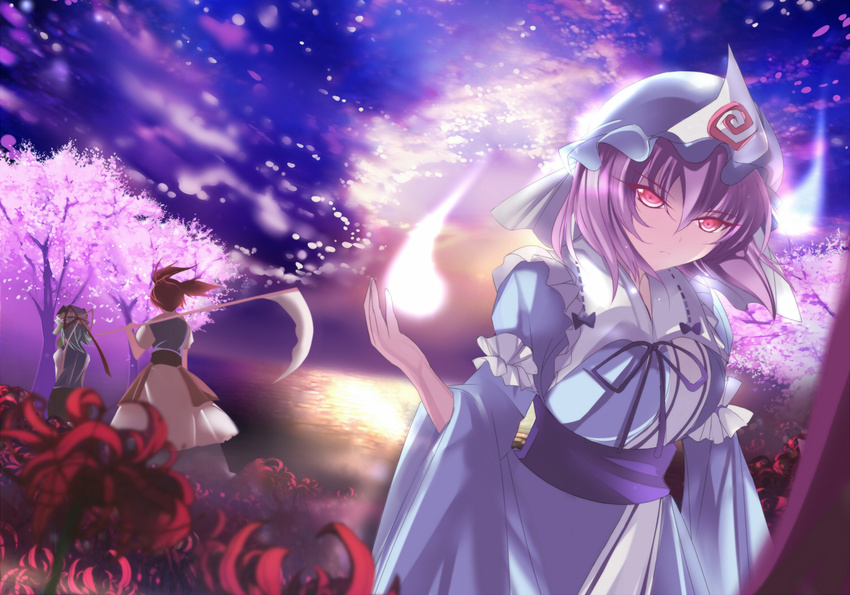 arm_ribbon back bad_id bad_pixiv_id blue_dress blue_sky cherry_blossoms dress field flower flower_field ghost green_hair hat hat_ribbon juliet_sleeves lake long_sleeves looking_at_viewer marionette_(excle) multiple_girls onozuka_komachi over_shoulder pink_eyes pink_hair puffy_sleeves red_hair ribbon saigyouji_yuyuko sash scythe shiki_eiki shirt short_sleeves skirt sky spider_lily touhou tree triangular_headpiece two_side_up veil vest wide_sleeves