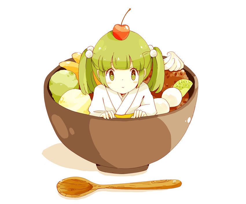 bad_id bad_pixiv_id banana blush bowl cherry food fruit green_eyes green_hair gumi. hair_bobbles hair_ornament in_bowl in_container in_food japanese_clothes kimono kisume kiwifruit looking_at_viewer object_on_head short_hair simple_background solo spoon touhou twintails white_background wooden_spoon