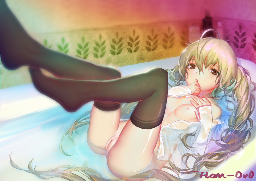 absurdres bath blonde_hair blurry breasts brown_eyes dress_shirt han-0v0 highres long_hair nipples open_clothes open_shirt original partially_submerged pussy shirt small_breasts solo thighhighs uncensored