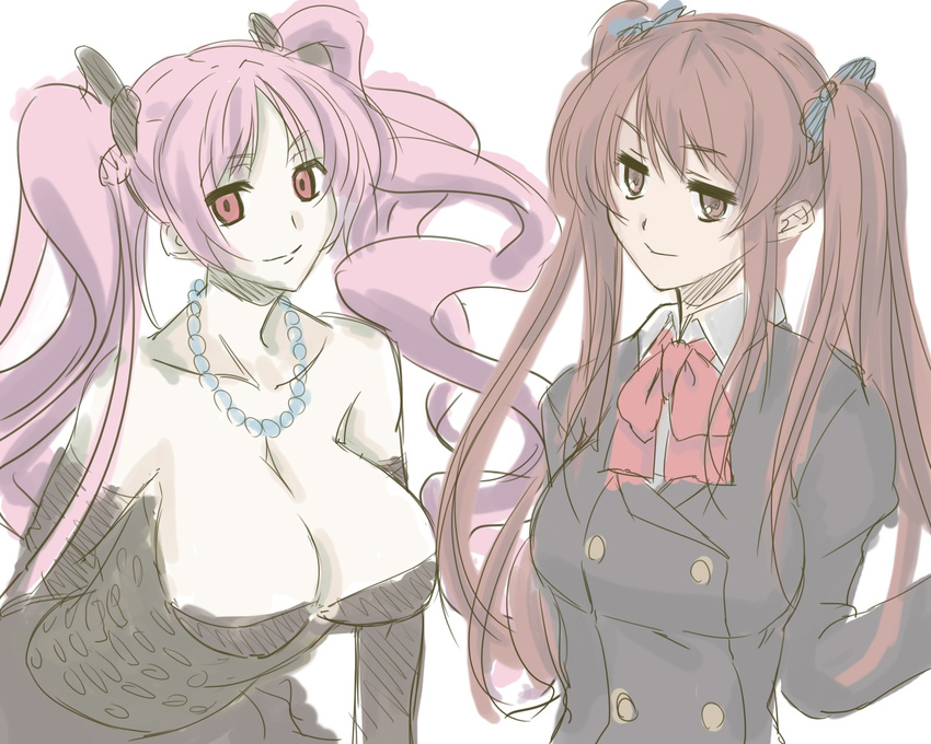 akazawa_izumi another breasts brown_hair cleavage crossover highres jewelry large_breasts md5_mismatch multiple_girls necklace pink_hair red_eyes shiki shimizu_megumi sketch