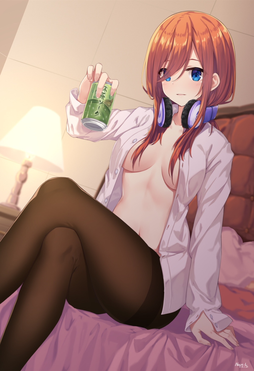 1girl arm_support bangs bed blue_eyes blurry blurry_background blush breasts brown_hair brown_legwear can collarbone commentary_request dated depth_of_field dress_shirt eyebrows_visible_through_hair eyes_visible_through_hair fingernails go-toubun_no_hanayome hair_over_one_eye headphones headphones_around_neck highres holding holding_can indoors lamp lampshade legs_crossed long_hair long_sleeves looking_at_viewer medium_breasts nakano_miku navel neps-l no_bra on_bed open_clothes open_shirt pantyhose parted_lips shirt signature sitting sitting_on_bed smile solo thighband_pantyhose white_shirt