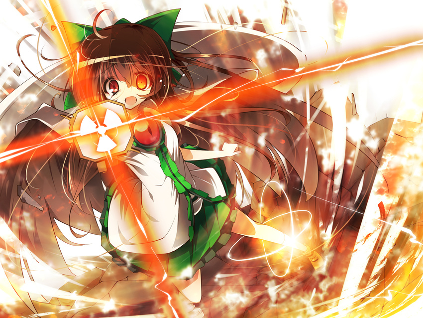 arm_cannon bad_id bad_pixiv_id bow brown_hair cape glowing glowing_eye hair_bow highres itsutsuki long_hair open_mouth red_eyes reiuji_utsuho skirt solo tears touhou weapon wings