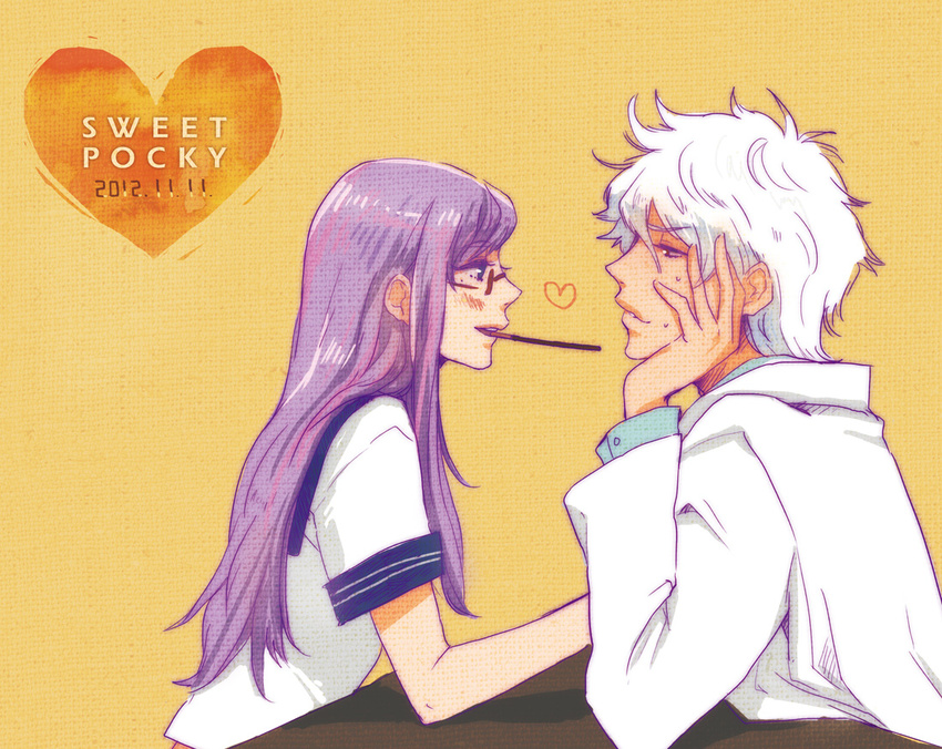 1girl bad_id bad_pixiv_id blue_hair eye_contact food gintama glasses heart looking_at_another pocky pocky_day sakata_gintoki sarutobi_ayame torayamayama