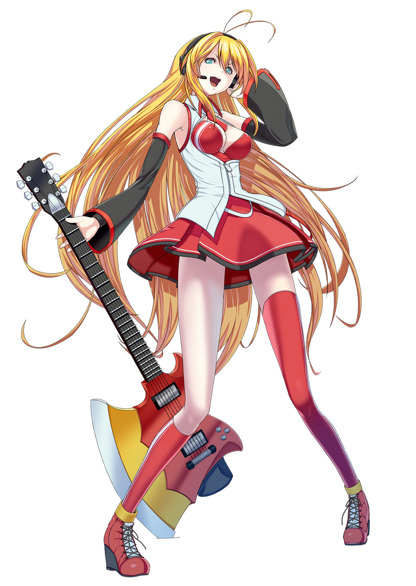 axe bad_id bad_pixiv_id blonde_hair blue_eyes breasts cleavage cleavage_cutout detached_sleeves electric_guitar full_body guitar headset highres instrument kneehighs long_hair long_legs medium_breasts mismatched_legwear necktie open_mouth platform_footwear popepe skirt solo thighhighs transparent_background tsurumaki_maki very_long_hair voiceroid weapon