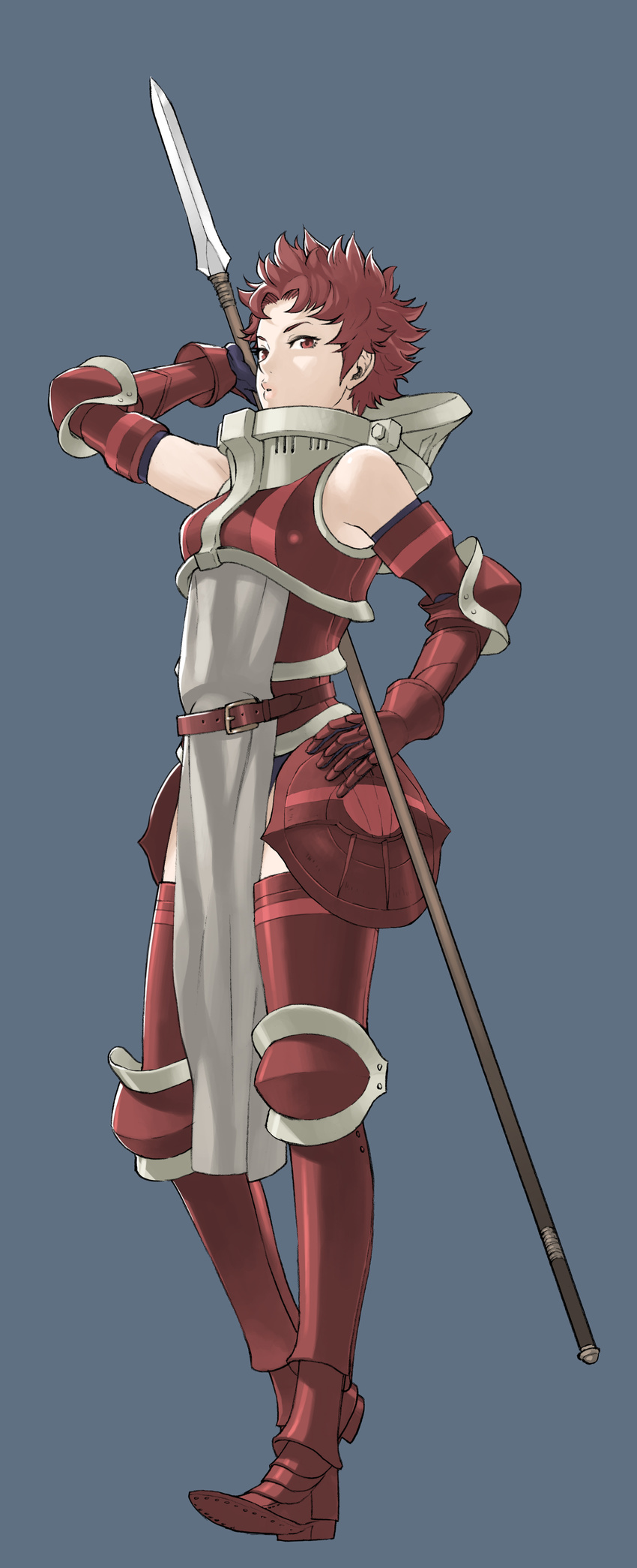 absurdres armor bare_shoulders fire_emblem fire_emblem:_kakusei full_body greaves highres kozaki_yuusuke lips lly official_art polearm red_eyes red_hair short_hair soiree solo spear thighhighs weapon