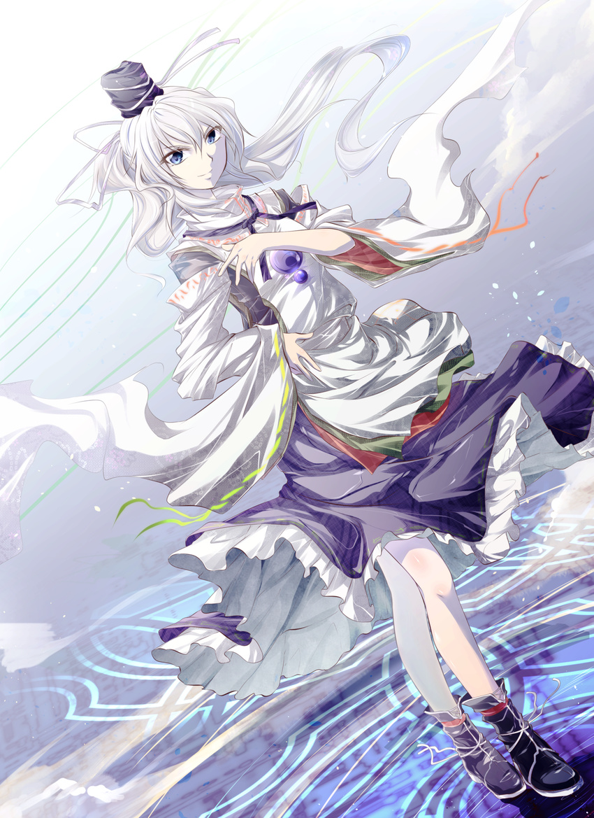 blue_eyes boots dress hand_on_own_chest hat highres japanese_clothes kakao_(noise-111) long_hair mononobe_no_futo ponytail silver_hair smile solo tate_eboshi touhou