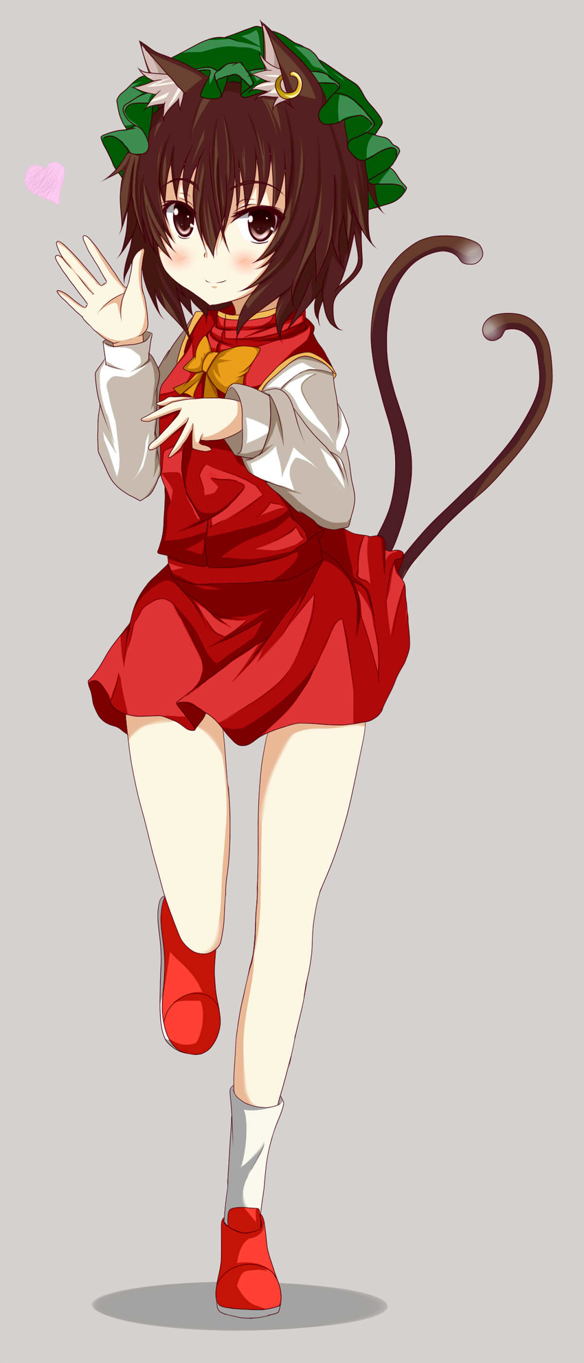 absurdres animal_ears blush bow brown_eyes brown_hair cat_ears cat_tail chen earrings furagu hat heart highres jewelry multiple_tails simple_background skirt smile solo tail touhou waving