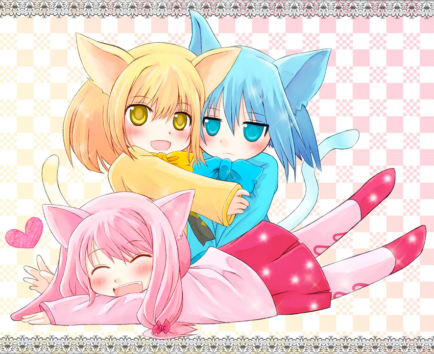 animal_ears ao_(butterfly_cat) bad_id bad_pixiv_id blonde_hair blue_eyes blue_hair blush bow butterfly_cat cat_ears cat_tail closed_eyes hair_ribbon heart hina_(butterfly_cat) looking_at_viewer momo_(butterfly_cat) multiple_girls noe pink_hair ribbon skirt smile sound_voltex tail yellow_eyes