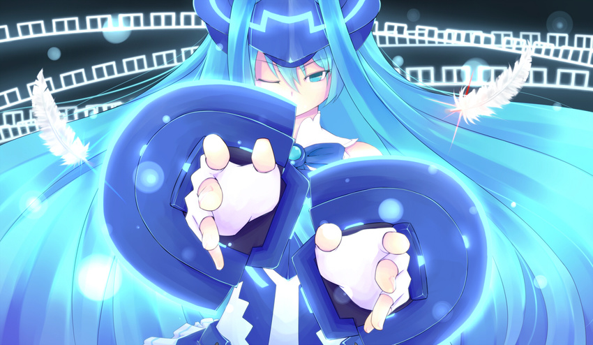 bad_id bad_pixiv_id blue_eyes blue_hair dararito fingerless_gloves gauntlets gloves headgear long_hair one_eye_closed solo vividblue vividred_operation