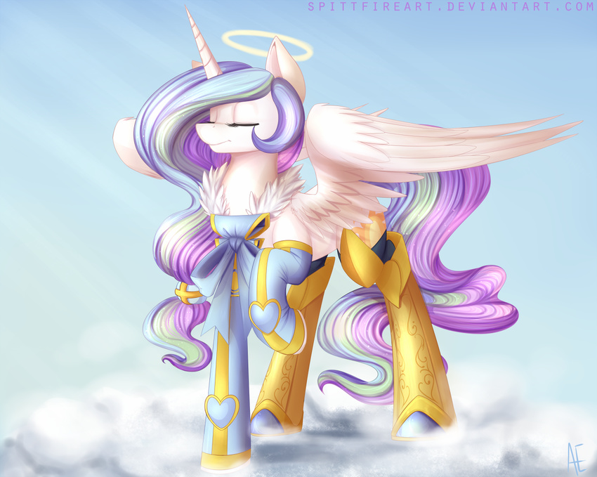 boots bow clothing cutie_mark equine eyes_closed female feral friendship_is_magic hair halo horn horse mammal multi-colored_hair my_little_pony outside pony princess_celestia_(mlp) sky spittfire winged_unicorn wings