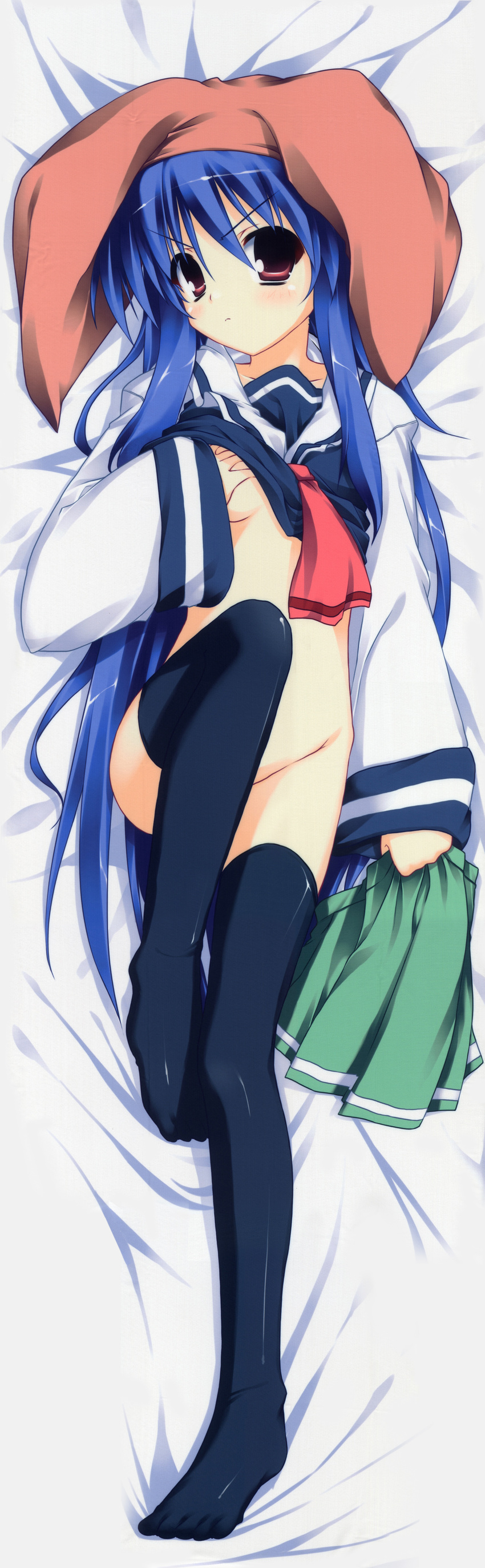 1girl absurdres blue_hair blush dakimakura highres long_image lying tall_image