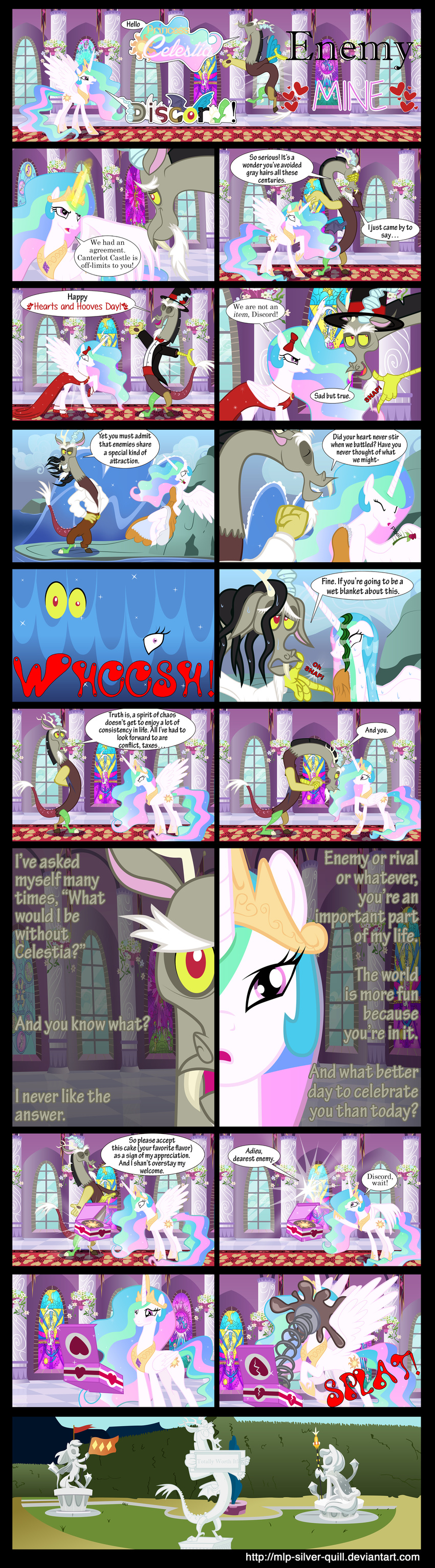 antler antlers box cake clothing comic cutie_mark dialog discord_(mlp) draconequus duo english_text equine feline female feral food friendship_is_magic hair hat horn horse humor male mammal mlp-silver-quill multi-colored_hair my_little_pony pony princess princess_celestia_(mlp) purple_eyes royalty text trick water wet winged_unicorn wings