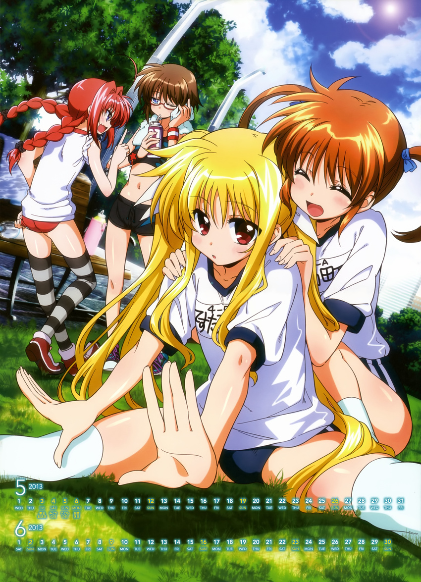 4girls :d :o ^_^ absurdres adjusting_buruma adjusting_clothes ahoge angry ass bench bike_shorts blonde_hair blue_eyes blush bottle braid brown_hair building buruma calendar_(medium) closed_eyes cloud day drinking drinking_straw fang fate_testarossa glasses grass gym_uniform hair_ribbon hands hands_on_shoulders highres june kawakami_shuuichi laughing lens_flare long_hair lyrical_nanoha mahou_shoujo_lyrical_nanoha mahou_shoujo_lyrical_nanoha_a's mahou_shoujo_lyrical_nanoha_innocent material-s may midriff multiple_girls name_tag navel official_art one_eye_closed open_mouth outstretched_hand panties panties_under_buruma park pointing pointing_up purple_eyes red_buruma red_eyes ribbon scan shirt shoes short_hair short_shorts short_twintails shorts sidewalk sitting sky sleeves_rolled_up smile sneakers stern_starks stretch striped striped_legwear sun takamachi_nanoha tank_top thighhighs towel tree twin_braids twintails underwear vita water_bottle white_legwear white_shirt white_towel wiping_face wristband zettai_ryouiki