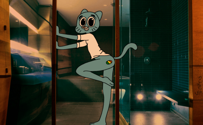 bathroom blue blue_body blue_fur bottomless cat clothed clothing feline female half-dressed happy looking_at_viewer mammal nicole_watterson pose shower smile solo the_amazing_world_of_gumball trollingmeister