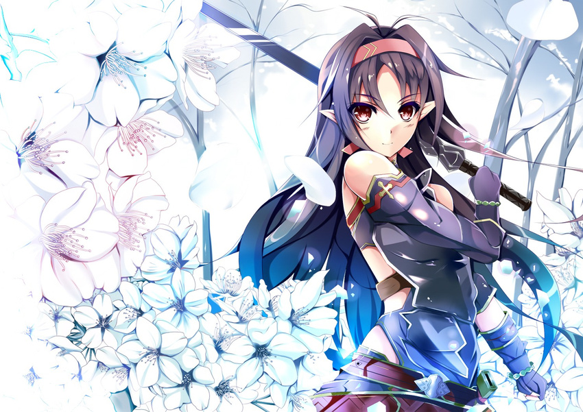 androgynous black_hair breastplate detached_sleeves elf flower hairband headband holding holding_sword holding_weapon looking_at_viewer plant pointy_ears red_eyes sword sword_art_online upper_body weapon yuuki_(sao) yuuki_nagisa