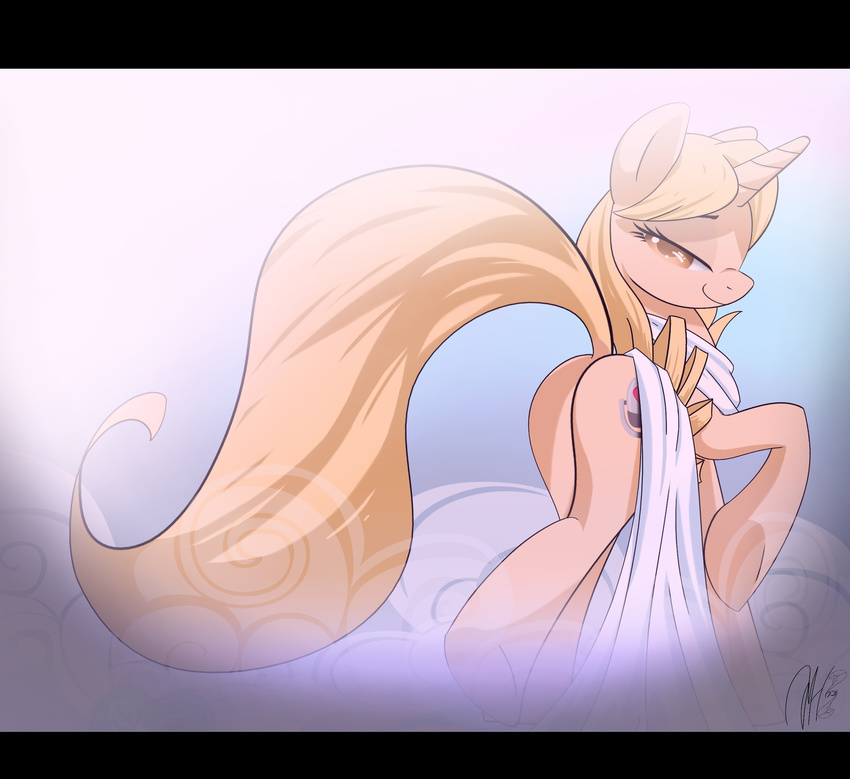 amber_eyes blonde_hair butt cloud cutie_mark equine female feral hair horn long_hair looking_at_viewer mammal my_little_pony solo tara_strong twintailsinc unicorn