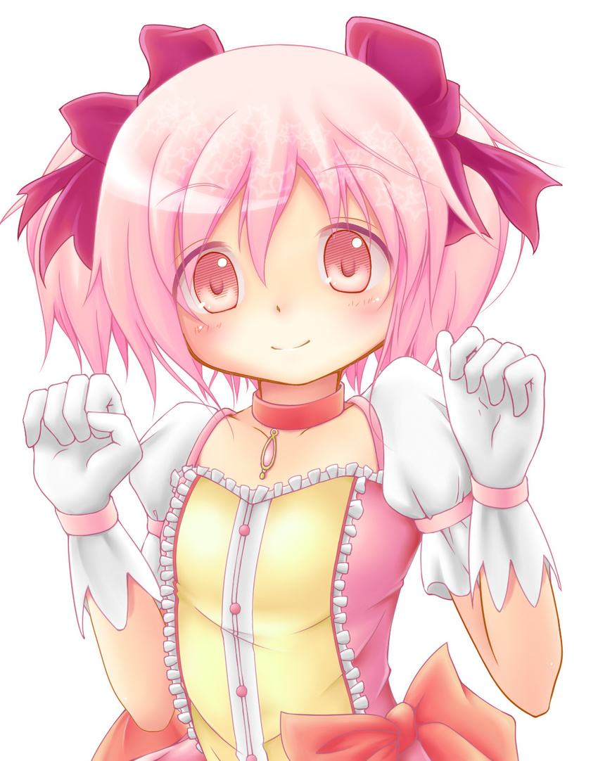blush bow brooch choker clenched_hands gloves hair_bow highres jewelry kaname_madoka little_little_star mahou_shoujo_madoka_magica pink_eyes pink_hair short_hair short_twintails simple_background smile solo star twintails upper_body white_background white_gloves