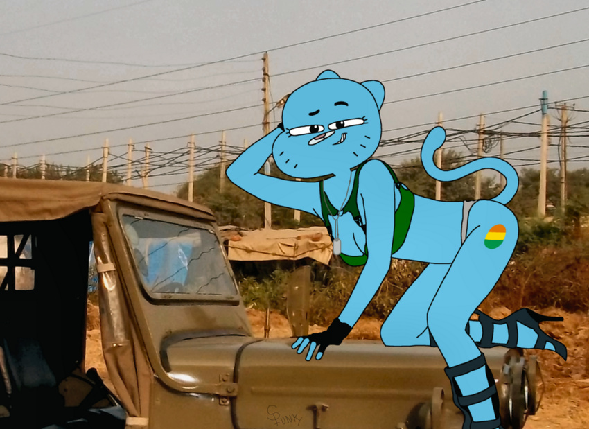 anthro clothing dog_tags english_text feline female gloves high_heels looking_at_viewer mammal nicole_watterson nicole_watterson_the_amazing_world_of_gumball outside real text the_amazing_world_of_gumball trollingmeister underwear vehicle