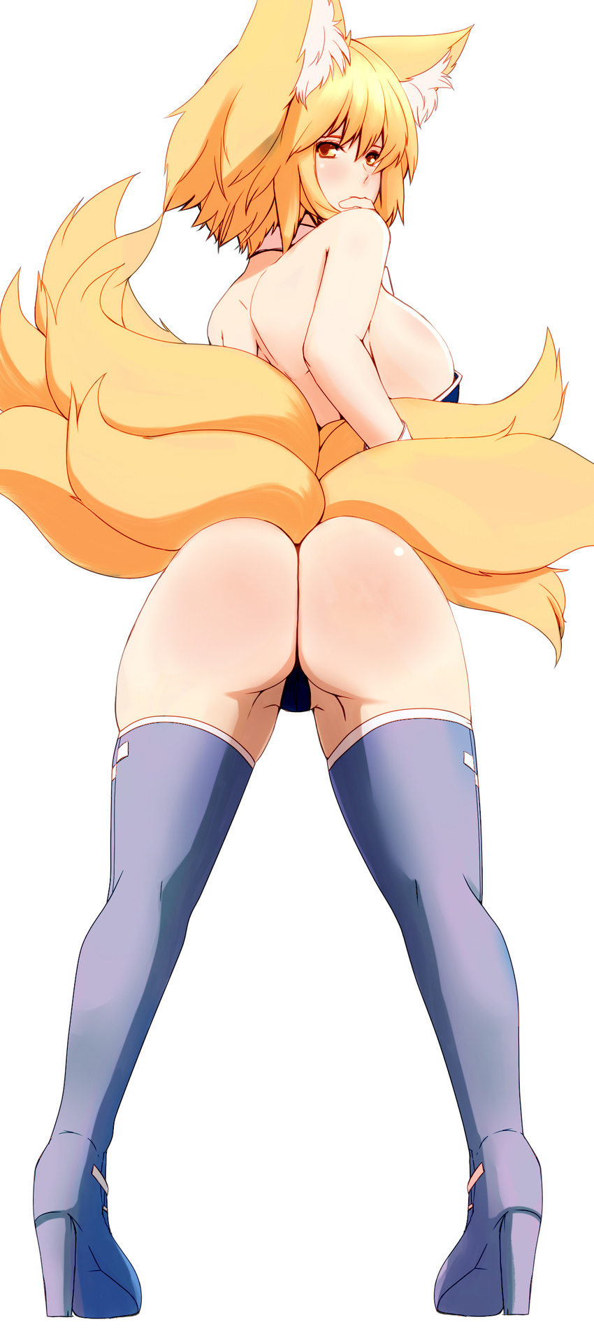 absurdres animal_ears ass back bare_shoulders biting blonde_hair blush boots dearmybrothers finger_biting fox_ears fox_tail full_body high_heels highres looking_back multiple_tails panties shoes solo standing tail thigh_boots thighhighs thong touhou underwear white_background yakumo_ran