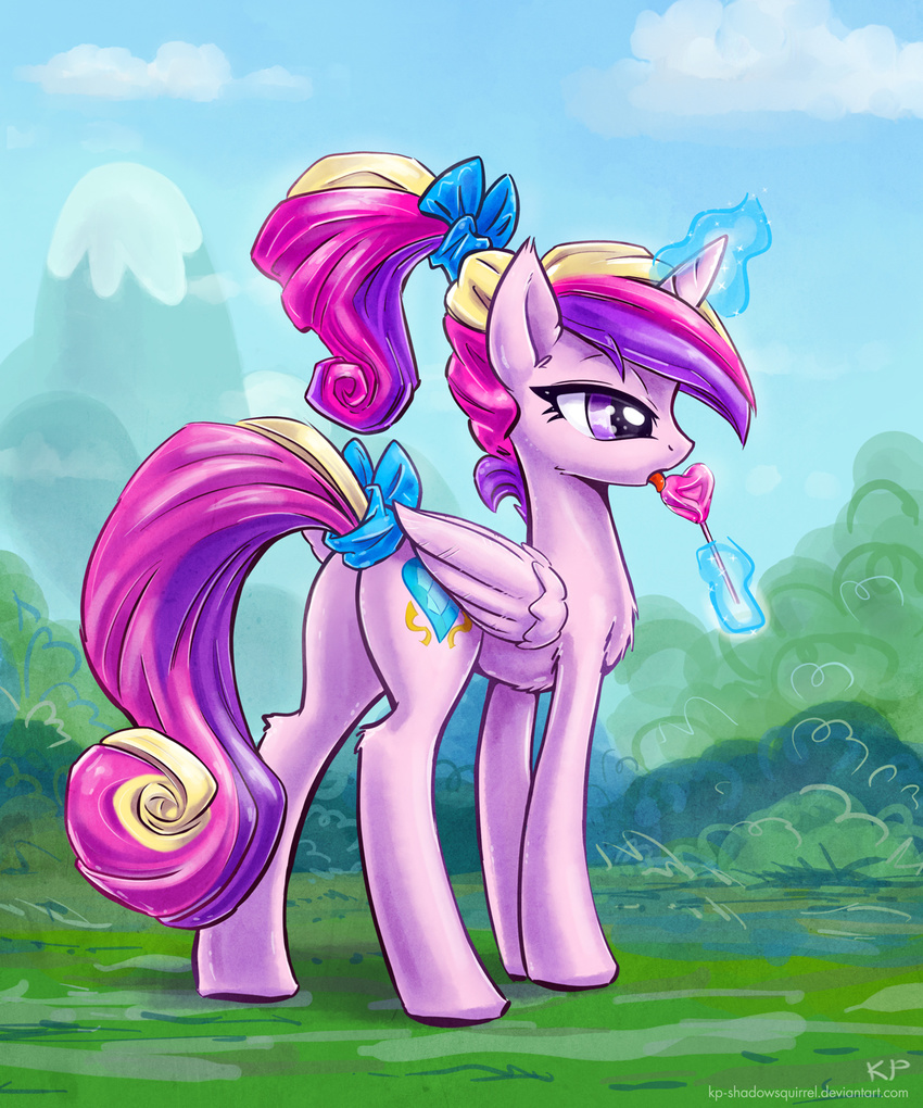 butt candy cutie_mark equine female feral friendship_is_magic hair horn karol_pawlinski licking lollipop magic mammal multi-colored_hair multicolor_hair my_little_pony outside ponytail princess_cadance_(mlp) purple_eyes solo standing tongue tongue_out winged_unicorn wings