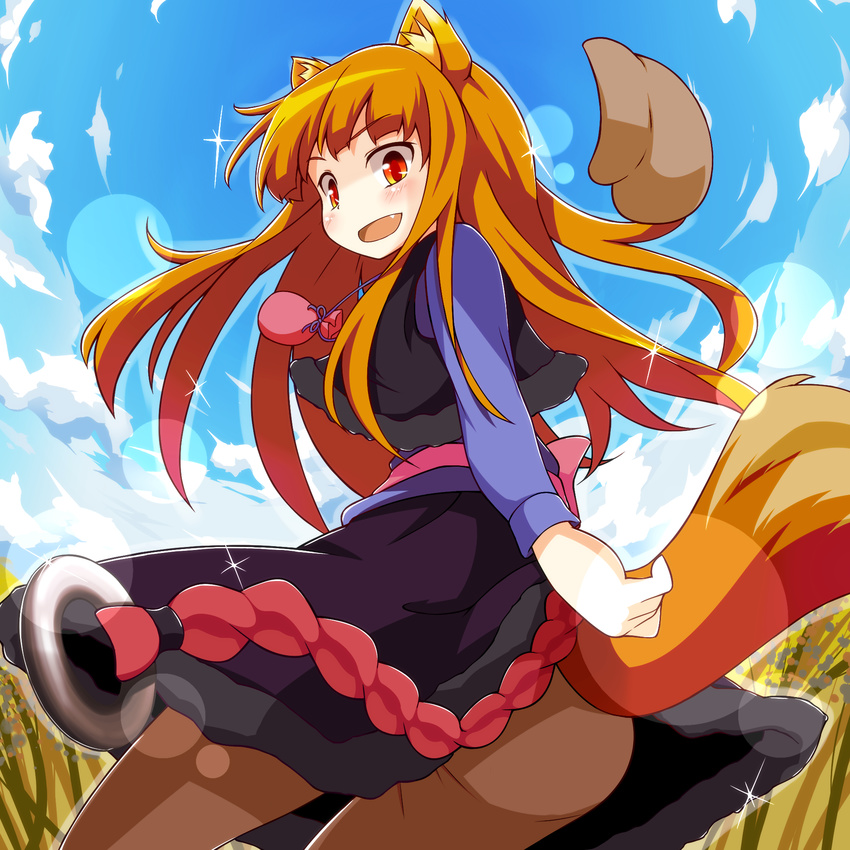 animal_ears blush brown_hair commentary_request dorowa_no_hito dress fang highres holo long_hair looking_at_viewer open_mouth orange_eyes pantyhose pouch smile solo spice_and_wolf tail wolf_ears wolf_tail