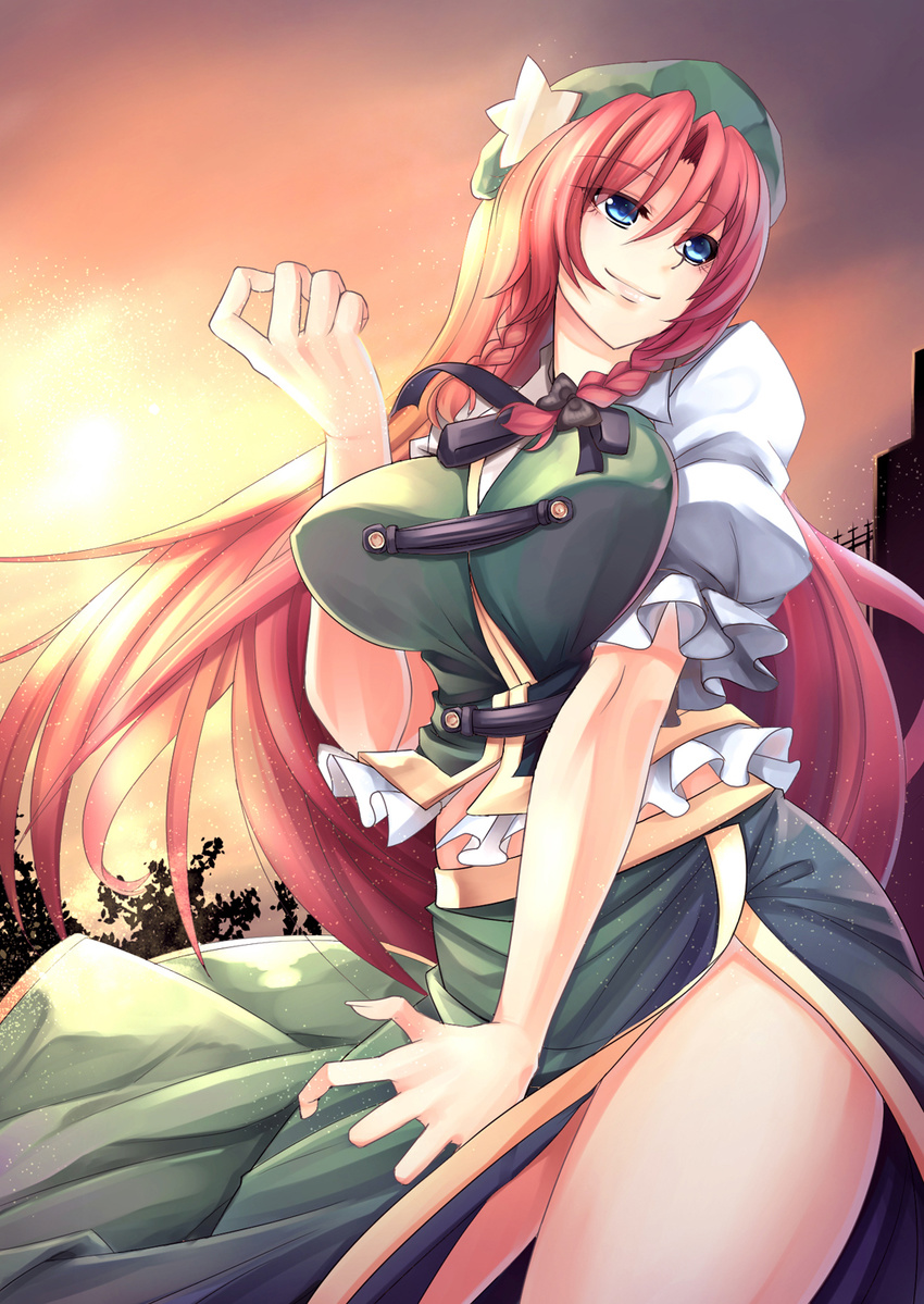blue_eyes bow braid breasts hair_bow hat highres hong_meiling kinntarou large_breasts long_hair midriff puffy_sleeves red_hair shirt short_sleeves side_slit skirt skirt_set smile solo star sunset touhou twin_braids very_long_hair vest