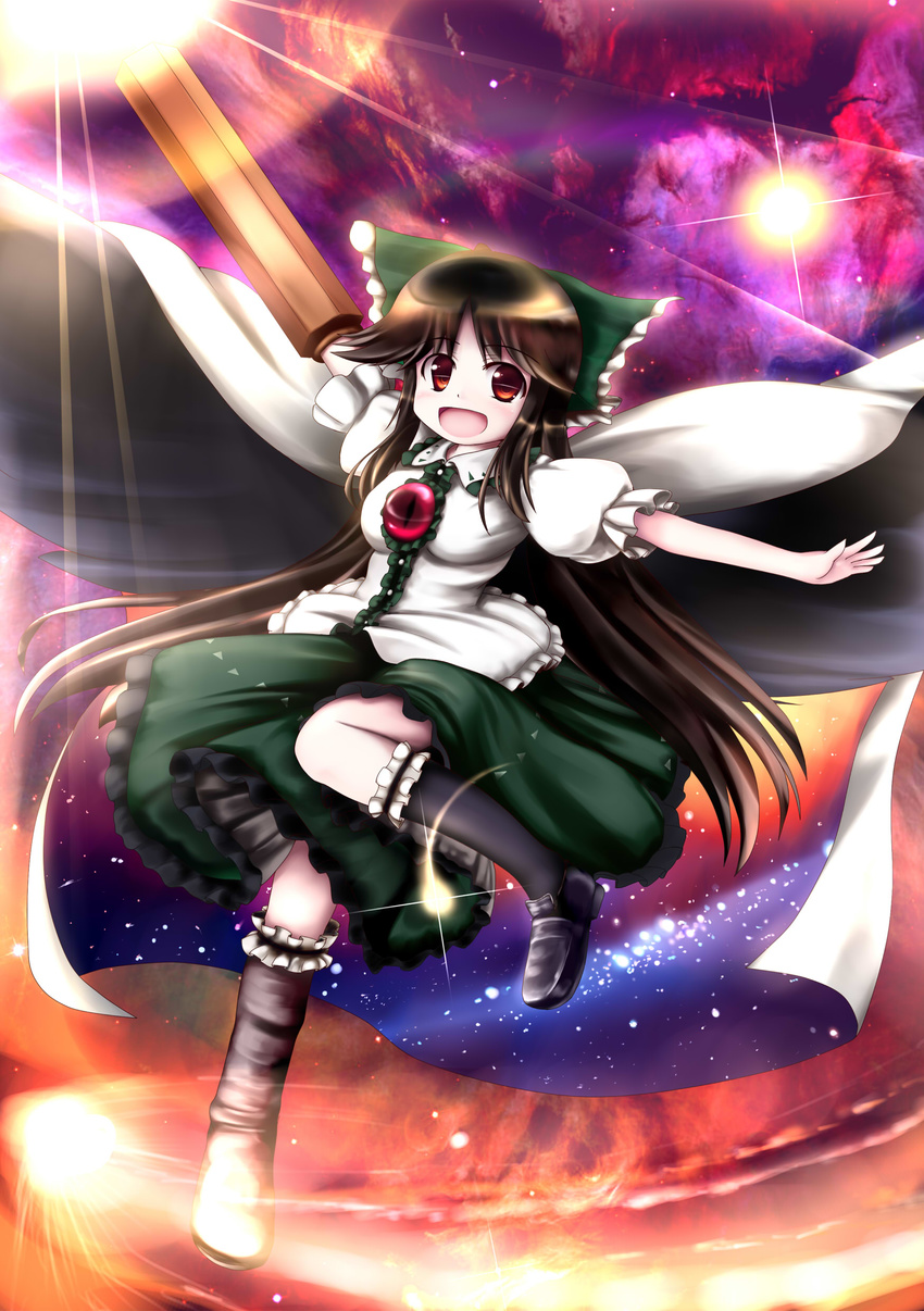 absurdres arm_cannon black_legwear bow brown_hair cape control_rod frilled_legwear frills hair_bow highres long_hair mismatched_footwear red_eyes reiuji_utsuho shoes smile socks solo space sun third_eye touhou tsubasa_(abchipika) weapon wings