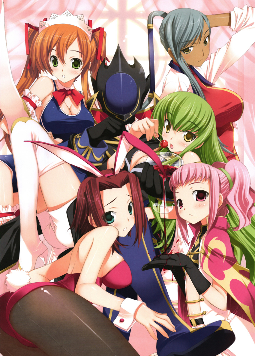 1boy 5girls absurdres alcohol animal_ears anya_alstreim ass bare_shoulders breasts brown_hair bunny_ears bunny_girl c.c. cherry cleavage code_geass food fruit fujima_takuya girl_sandwich gloves green_eyes green_hair grey_hair harem highres kallen_stadtfeld large_breasts long_hair looking_back mask multiple_girls pantyhose pimp pink_hair red_eyes red_hair sandwiched shirley_fenette short_hair swimsuit twintails viletta_nu villetta_nu wine yellow_eyes zero_(code_geass)